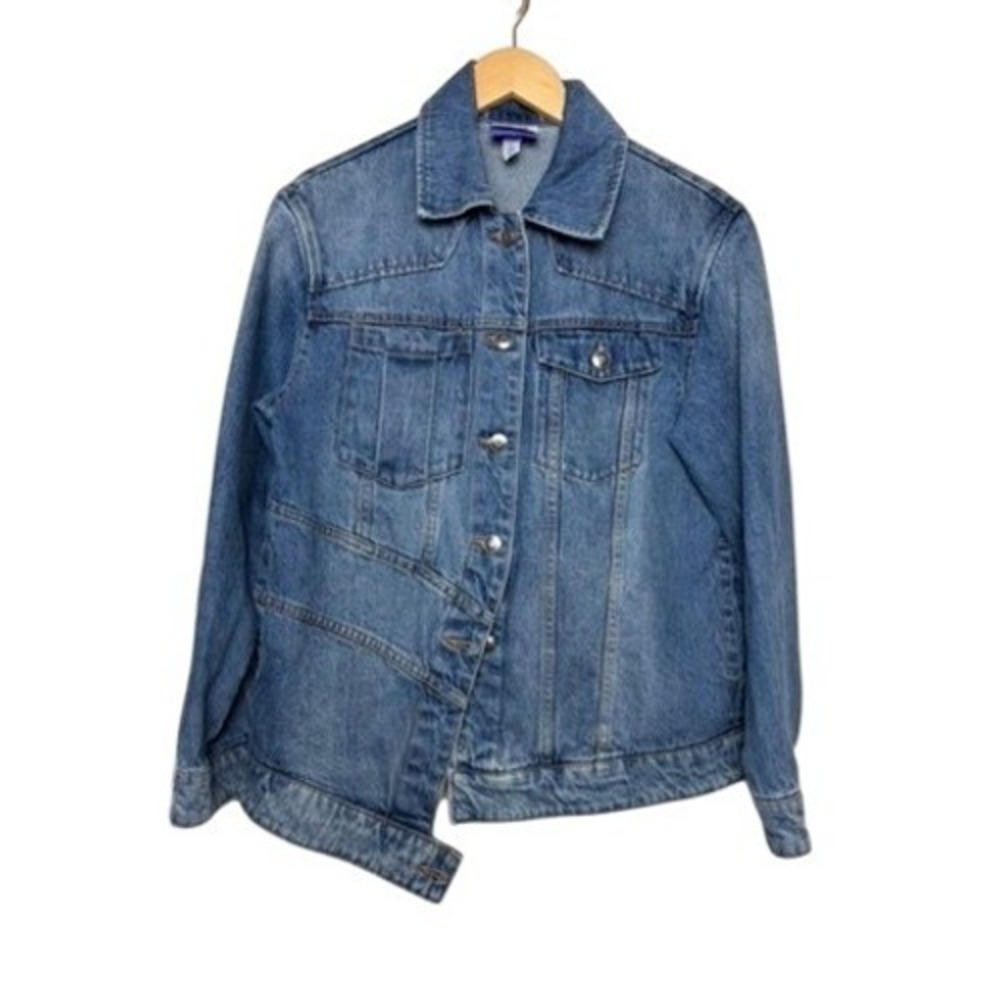 Future Collective Kahlana Barfield Brown Asymmetrical Denim Jacket Blue XS